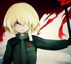 Rule 34 | 1girl, bandage over one eye, bandages, blonde hair, blue eyes, closed mouth, commentary, emblem, flag, frown, girls und panzer, green jumpsuit, holding, holding flag, jumpsuit, katyusha (girls und panzer), long sleeves, looking at viewer, pravda military uniform, red flag, short hair, solo, standing, susumu, torn flag, upper body