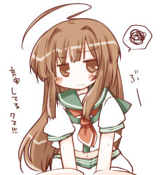 Rule 34 | 10s, 1girl, ahoge, anger vein, brown eyes, brown hair, closed mouth, commentary request, futami yayoi, highres, kantai collection, kuma (kancolle), long hair, midriff, navel, sailor, sailor collar, school uniform, serafuku, short sleeves, simple background, solo, spoken squiggle, squiggle, translation request, white background