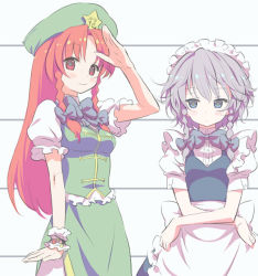 Rule 34 | 2girls, braid, brown eyes, china dress, chinese clothes, dress, embodiment of scarlet devil, female focus, frills, hat, hong meiling, izayoi sakuya, looking at viewer, maid, maid headdress, moriki takeshi, multiple girls, red hair, salute, silver hair, simple background, standing, star (symbol), touhou, white background, wrist cuffs