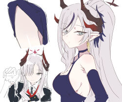 Rule 34 | 1girl, black hair, blue archive, blue dress, breasts, brown horns, closed mouth, demon horns, dress, earrings, grey eyes, grey hair, hair over one eye, halo, highres, horns, itamochi, jewelry, large breasts, long hair, looking at viewer, makoto (blue archive), makoto (dress) (blue archive), multicolored hair, multiple views, official alternate costume, pointy ears, sideboob, simple background, smile, streaked hair, thighs, white background