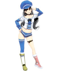 Rule 34 | 1girl, :d, alternate costume, amputee, bad id, bad pixiv id, black hair, boots, cabbie hat, female focus, full body, girl with golden shoe, groin, hand on own hip, hat, hip focus, kin no kutsu gin no kutsu, kouno (masao), long hair, midriff, open mouth, original, peaked cap, prosthesis, prosthetic leg, shoes, short shorts, shorts, simple background, single shoe, single thighhigh, smile, solo, thigh strap, thighhighs, yellow eyes