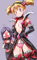 Rule 34 | 2girls, armlet, bare shoulders, black neckwear, blank eyes, blonde hair, blood, blush, bow, bow panties, breasts, center opening, choker, cosplay, costume switch, dated, dressing, drooling, eas (cosplay), eas (fresh precure!), elbow gloves, empty eyes, fresh precure!, full-face blush, gloves, higashi setsuna, highres, holding, holding clothes, isedaichi ken, long hair, magical girl, momozono love, multiple girls, no bra, nosebleed, open mouth, panties, pink eyes, pink panties, precure, purple hair, ribbon, scrunchie, shorts, simple background, sleeveless, small breasts, smile, striped clothes, striped panties, sweat, thighhighs, twintails, twitter username, underwear, wavy mouth