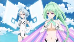 Rule 34 | 10s, 2girls, animated, animated gif, aqua hair, blanc (neptunia), blue hair, bodysuit, grabbing another&#039;s breast, breast press, breasts squeezed together, breasts, cleavage, cloud, grabbing, green hair, green heart (neptunia), height difference, large breasts, long hair, multiple girls, neptune (series), open mouth, ponytail, purple eyes, red eyes, sky, vert (neptunia), white heart (neptunia)