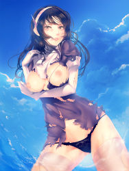 Rule 34 | 10s, 1girl, ashigara (kancolle), black hair, black panties, breast hold, breasts, brown eyes, hairband, highres, kantai collection, lips, long hair, nipples, open mouth, panties, parted lips, personification, solo, thighhighs, torn clothes, underwear, water, yoshimune (b12f)