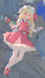 Rule 34 | 1girl, abstract background, ankle socks, ascot, backlighting, blonde hair, closed mouth, collared shirt, curled fingers, eyes visible through hair, fang, fang out, flandre scarlet, frilled cuffs, frills, from below, from side, full body, grey background, hair between eyes, hands up, hat, highres, leg up, light blush, light smile, long hair, looking at viewer, looking down, looking to the side, mary janes, mob cap, no lineart, one side up, open hand, orange ascot, petticoat, puffy short sleeves, puffy sleeves, red eyes, red footwear, red ribbon, red skirt, red vest, reddizen, ribbon, shirt, shoes, short sleeves, skirt, skirt set, socks, solo, swept bangs, touhou, very long hair, vest, white hat, white shirt, wing collar, wings, wrist cuffs