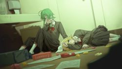 Rule 34 | bag, bathroom, black skirt, blonde hair, blood, blood on face, blood on leg, blue eyes, bow, bow hairband, cardigan, commentary, deep wound, green eyes, green hair, grey cardigan, gumi, hair bow, hairband, highres, indoors, injury, kagamine rin, long skirt, lying, medium hair, neck ribbon, on side, paper, paper towel, pleated skirt, red ribbon, ribbon, school uniform, short hair, sidelocks, sitting, skirt, vocaloid, white bow, wiping face, wounds404