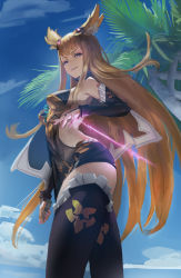 Rule 34 | 1girl, 1s44c, absurdres, animal ears, breasts, brown hair, erune, gloves, granblue fantasy, grin, hair ornament, highres, huge filesize, lips, long hair, looking at viewer, medium breasts, metera (granblue fantasy), mole, mole under mouth, palm tree, sky, smile, solo, thighhighs, tree