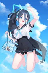 Rule 34 | &lt;key&gt; (robot) (blue archive), 1girl, :d, absurdres, aris (blue archive), arm up, bag, black hair, black one-piece swimsuit, black sailor collar, blue archive, blue bow, blue eyes, blue neckerchief, blue sky, bow, bow hairband, breasts, bright pupils, cloud, commentary, covered navel, cropped shirt, day, eyes visible through hair, feet, green halo, hair between eyes, hairband, halo, handheld game console, highres, jumping, light blush, long hair, looking at viewer, midair, neckerchief, one-piece swimsuit, open mouth, polka dot, polka dot bow, ponytail, ringed eyes, sailor collar, school uniform, serafuku, short sleeves, shoulder bag, sky, small breasts, smile, solo, supersugar, swimsuit, toes, transparent bag, very long hair, white pupils, white serafuku