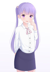 Rule 34 | 1girl, absurdres, blush, highres, kaneko14, long hair, looking at viewer, new game!, purple eyes, purple hair, skirt, solo, suzukaze aoba, twintails, white background