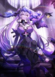 Rule 34 | 1girl, absurdres, bare shoulders, black gloves, black swan (honkai: star rail), breasts, cleavage, commentary request, elbow gloves, gloves, highres, holding, honkai: star rail, honkai (series), indoors, large breasts, long hair, no shoes, purple eyes, purple hair, sitting, smile, solo, thighs, tongyu, veil, very long hair