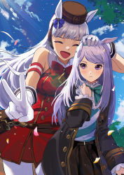 2girls :d absurdres animal_ears black_coat black_skirt blouse blue_sky bow bowtie brown_headwear closed_mouth cloud cloudy_sky coat gloves gold_ship_(umamusume) green_bow green_bowtie hair_bow headpat highres horse_ears horse_girl kawa683 long_hair long_sleeves looking_at_another mejiro_mcqueen_(umamusume) multiple_girls open_mouth outdoors purple_eyes purple_hair red_bow red_bowtie red_shirt shirt skirt sky sleeveless sleeveless_shirt smile tree umamusume v white_gloves white_legwear