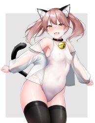 Rule 34 | 1girl, :3, animal collar, animal ear fluff, animal ears, bell, breasts, brown hair, cat ears, collar, commentary request, contrapposto, covered erect nipples, covered navel, cowboy shot, fang, highres, jingle bell, kantai collection, kirigakure (kirigakure tantei jimusho), off shoulder, one-piece swimsuit, ryuujou (kancolle), see-through, see-through shirt, skin fang, small breasts, solo, swimsuit, thighhighs, twintails, white one-piece swimsuit, yellow eyes