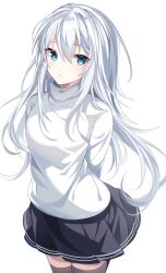 Rule 34 | 1girl, arms behind back, black thighhighs, blue eyes, fathom, hibiki (kancolle), highres, kantai collection, light smile, long hair, long sleeves, looking at viewer, pleated skirt, simple background, skirt, sweater, thighhighs, turtleneck, white hair, white sweater