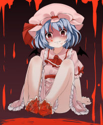 Rule 34 | 1girl, ascot, barefoot, bat wings, blood, blood on face, blood on feet, blood splatter, blue hair, crazy eyes, crazy smile, dress, feet, hat, hat ribbon, highres, looking at viewer, noa (nagareboshi), pink dress, pink hair, pink skirt, puffy sleeves, remilia scarlet, ribbon, shaded face, short sleeves, sitting, skirt, smile, solo, toes, touhou, wings
