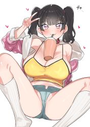 Rule 34 | 1girl, black hair, blunt bangs, blush, breasts, camisole, closed mouth, collar, cup, denim, denim shorts, disposable cup, drinking straw, drinking straw in mouth, fang, highres, large breasts, looking at viewer, micro shorts, object on breast, original, purple eyes, shorts, simple background, solo, suisogenshi, twintails, v, white background, white legwear
