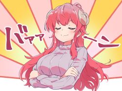 Rule 34 | 1girl, ahoge, arms under breasts, artist name, blush, breasts, closed eyes, closed mouth, commentary request, cropped torso, crossed arms, curled horns, demon girl, demon horns, doyagao, emphasis lines, facing viewer, grey sweater, highres, horns, icorasama, large breasts, long hair, long sleeves, machikado mazoku, multicolored background, red hair, ribbed sweater, sidelocks, simple background, smile, smug, solo, sound effects, split mouth, sweater, upper body, v-shaped eyebrows, very long hair, yoshida yuuko (machikado mazoku)