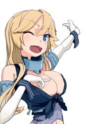 Rule 34 | 1girl, blonde hair, blue eyes, breasts, cleavage, collar, gloves, highres, iowa (kancolle), kantai collection, large breasts, long hair, metal collar, one eye closed, shirt, simple background, sleeveless, sleeveless shirt, solo, star-shaped pupils, star (symbol), symbol-shaped pupils, tied shirt, upper body, white background, white gloves, wokyu (houkago no megane)