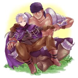 Rule 34 | 2boys, affectionate, armor, armored boots, bishounen, boots, brown gloves, bruno (unicorn overlord), cloak, colored eyelashes, commentary request, crossed legs, curtained hair, fantasy, fist bump, full body, gloves, grey hair, grin, hair slicked back, highres, knee boots, leaning on person, looking at another, male focus, multiple boys, muscular, muscular male, on grass, pectorals, purple bandana, purple cloak, purple eyes, short hair, shoulder armor, simple background, sitting, sitting on lap, sitting on person, size difference, sketch, smile, spread legs, teeth, thick eyelashes, topless male, travis (unicorn overlord), two-tone background, unicorn overlord, white background, yellow background, yk (waikeee)