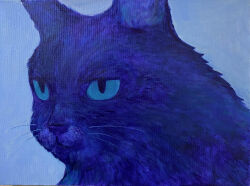 Rule 34 | acrylic paint (medium), animal focus, blue cat, blue cat (torajiro), blue fur, blue sclera, blue theme, close-up, colored sclera, expressionless, from side, highres, looking ahead, no humans, original, painting (medium), realistic, solo, torajiro art, traditional media, whiskers
