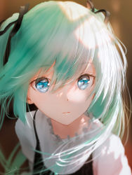 Rule 34 | 1girl, aqua hair, black ribbon, blue eyes, blurry, blurry background, depth of field, expressionless, hair ribbon, hatsune miku, highres, indoors, long hair, looking at viewer, ojay tkym, parted lips, portrait, revision, ribbon, shirt, sidelighting, solo, twintails, vocaloid, white shirt