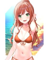 Rule 34 | 1girl, :d, adjusting hair, bang dream!, bikini, bow, breasts, breasts apart, brown hair, cloud, cloudy sky, collarbone, commentary, english commentary, fries vanquisher, front-tie bikini top, front-tie top, green eyes, groin, half updo, highres, imai lisa, light blush, long hair, looking at viewer, medium breasts, navel, ocean, open mouth, orange bikini, side-tie bikini bottom, sidelocks, sky, smile, solo, stomach, swimsuit, water