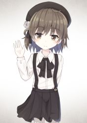 Rule 34 | 1girl, bad id, bad pixiv id, beret, black hat, black ribbon, black skirt, blush, brown eyes, brown hair, closed mouth, collared shirt, commentary request, crescent, flower, gradient background, grey background, hair between eyes, hair flower, hair ornament, hair ribbon, hair rings, hand up, hat, hatoba tsugu, highres, long sleeves, mole, mole under eye, pantyhose, pleated skirt, ribbon, rose, shirt, skirt, smile, solo, suspender skirt, suspenders, sutei (xfzdarkt), virtual youtuber, white background, white flower, white pantyhose, white rose, white shirt