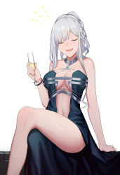 Rule 34 | 1girl, ak-12 (girls&#039; frontline), ak-12 (quiet azure) (girls&#039; frontline), alcohol, blue dress, blush, bracelet, breasts, center opening, cero (last2stage), champagne flute, cleavage, closed eyes, crossed legs, cup, dress, drinking glass, girls&#039; frontline, half updo, highres, holding, holding cup, jewelry, large breasts, long hair, navel, no panties, official alternate costume, open mouth, ribbon, sidelocks, silver hair, simple background, sitting, sleeveless, sleeveless dress, solo, thighs, white background, wine, wine glass
