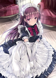Rule 34 | 1girl, apron, bad id, bad pixiv id, black dress, blush, bow, bowtie, breasts, chair, curtains, day, dress, elbow gloves, floating hair, frills, gloves, highres, indoors, kobayashi chisato, light particles, long hair, looking at viewer, maid, maid headdress, on floor, original, puffy short sleeves, puffy sleeves, purple bow, purple bowtie, purple hair, red eyes, short sleeves, sidelocks, sitting, solo, sunlight, white gloves, window