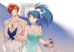 Rule 34 | 1boy, 1girl, blue hair, bouquet, choker, collar, couple, dress, earrings, flower, formal, heart, heart earrings, highres, holding hands, jacket, jewelry, leona heidern, light blue dress, one eye closed, otoseto, pants, ponytail, red eyes, red hair, ribbon, smile, snk heroines: tag team frenzy, suit, the king of fighters, vest, white jacket, white pants, white ribbon, yagami iori