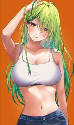 Rule 34 | 1girl, arm up, armpits, bare arms, blush, breasts, ceres fauna, cleavage, closed mouth, collarbone, crop top, denim, eyes visible through hair, green hair, hair behind ear, hair between eyes, hand on own head, head tilt, highres, hololive, hololive english, jeans, large breasts, light particles, long hair, looking at viewer, midriff, multicolored hair, narrow waist, navel, orange background, pants, simple background, smile, solo, sosuke (yrmon), streaked hair, twitter username, upper body, virtual youtuber, yellow eyes