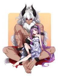 Rule 34 | 1boy, 1girl, asterios (fate), bare shoulders, barefoot, black ribbon, black sclera, collarbone, colored sclera, corsage, dress, euryale (fate), eyebrows, fate/grand order, fate/hollow ataraxia, fate (series), flower, frilled dress, frills, hair ribbon, hairband, highres, horns, lolita fashion, lolita hairband, long hair, looking down, purple eyes, purple hair, red eyes, ribbon, ribbon trim, scar, sitting, sitting on lap, sitting on person, size difference, strapless, strapless dress, topless male, twintails, very long hair, white dress, white hair, ycco (estrella)