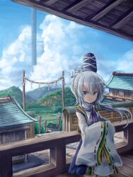 Rule 34 | 1girl, absurdres, architecture, black hat, blue dress, blue eyes, blue sky, building, closed mouth, cloud, commentary request, cowboy shot, day, divine spirit mausoleum, dress, east asian architecture, flat chest, grey hair, hair ribbon, hands in opposite sleeves, hat, highres, horizon, japanese clothes, kariginu, lantern, long hair, long sleeves, looking at viewer, mononobe no futo, neck ribbon, outdoors, ribbon, ribbon-trimmed sleeves, ribbon trim, rope, sensi tobikage, shide, shimenawa, sky, sleeves past fingers, sleeves past wrists, smile, solo, standing, tate eboshi, touhou, v-shaped eyebrows, white ribbon, wide sleeves