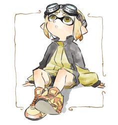 Rule 34 | 1girl, :o, black shorts, blonde hair, full body, goggles, goggles on head, inkling, inkling girl, inkling player character, long sleeves, looking up, nintendo, nishikuromori, open mouth, pointy ears, shoes, short hair, shorts, sitting, sneakers, solo, splatoon (series), splatoon 2, tentacle hair, yellow eyes