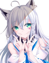Rule 34 | 1girl, ahoge, amaroku neko, animal ear fluff, animal ears, aqua eyes, bare shoulders, blue neckerchief, braid, cat ears, cat girl, closed mouth, commentary request, detached sleeves, double v, facial mark, fingernails, fox ears, hair between eyes, heart, heart tattoo, highres, hololive, long fingernails, long hair, long sleeves, looking at viewer, nail polish, neckerchief, pink nails, shirakami fubuki, shirakami fubuki (1st costume), shirt, side braid, silver hair, simple background, smile, solo, tattoo, upper body, v, very long hair, virtual youtuber, white background, white shirt