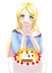 Rule 34 | 1girl, absurdres, alternate hairstyle, aqua shirt, artist name, artist request, ayase eli, bare shoulders, blonde hair, blue eyes, blush, breasts, cake, collarbone, female focus, food, hair between eyes, highres, long hair, looking at viewer, love live!, love live! school idol project, parted lips, shirt, short hair, short sleeves, smile, solo, strawberry shortcake, surprised, upper body, white background