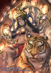 Rule 34 | 1girl, animal, arms up, bare shoulders, barefoot, beads, black hair, bow (weapon), breasts, commentary request, dark-skinned female, dark skin, earrings, extra arms, facial mark, forehead mark, glint, green eyes, hands up, headwear request, hindu mythology, holding, holding bow (weapon), holding weapon, jewelry, kali, long hair, looking at viewer, medium breasts, moeru! jiten, navel, official art, open mouth, polearm, prayer beads, red eyes, red skirt, renka (renkas), riding, rosary, sitting, skirt, soles, solo, tiger, translation request, trident, vajra (object), very long hair, watermark, weapon, web address