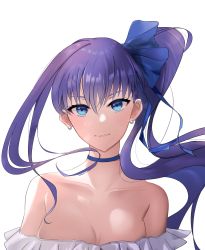 Rule 34 | 1girl, absurdres, aikawa lotus, bare shoulders, blue eyes, blue ribbon, breasts, choker, cleavage, collarbone, commentary request, earrings, fate/grand order, fate (series), hair between eyes, hair ribbon, highres, jewelry, long hair, looking at viewer, medium breasts, meltryllis, meltryllis (fate), meltryllis (swimsuit lancer) (fate), meltryllis (swimsuit lancer) (third ascension) (fate), off-shoulder one-piece swimsuit, off shoulder, one-piece swimsuit, parted lips, purple hair, ribbon, simple background, sleeves past wrists, solo, swimsuit, upper body, very long hair, white background