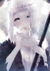 Rule 34 | 1girl, absurdres, bare shoulders, blunt bangs, blush, bob cut, camisole, covered mouth, eyelashes, fire, flat chest, flower, grey background, grey eyes, hands up, highres, holding, holding scythe, looking at viewer, moririto, mouth hold, original, pale skin, rose, scythe, shawl, short hair, sleeveless, solo, upper body, white fire, white flower, white hair, white rose