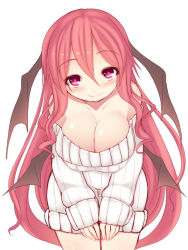 Rule 34 | 1girl, bare shoulders, bat wings, blush, breasts, cleavage, collarbone, head wings, koakuma, kuresento, large breasts, leaning forward, long hair, long sleeves, looking at viewer, naked sweater, off-shoulder, off-shoulder sweater, off shoulder, pink eyes, red eyes, red hair, ribbed sweater, simple background, smile, solo, sweater, touhou, v arms, very long hair, white background, wings
