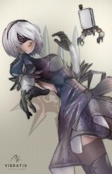 Rule 34 | 1girl, black dress, black thighhighs, blindfold, boots, breasts, cleavage, cleavage cutout, closed mouth, clothing cutout, dress, feather trim, gloves, hairband, mole, nier (series), nier:automata, short hair, solo, thigh boots, thighhighs, thighs, white hair, 2b (nier:automata)