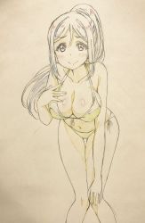 Rule 34 | 10s, 1girl, bikini, blue hair, blush, breasts, cleavage, color trace, commentary request, front-tie top, graphite (medium), hand on own chest, hand on own knee, highres, kotokoto (jumon), large breasts, leaning forward, long hair, looking at viewer, love live!, love live! sunshine!!, matsuura kanan, ponytail, side-tie bikini bottom, smile, solo, swimsuit, traditional media