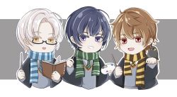 Rule 34 | 3boys, :d, bird, black robe, blue necktie, blue scarf, book, brown eyes, brown hair, crossover, glasses, green necktie, green scarf, grey vest, grin, harry potter (series), highres, holding, holding book, holding brush, holding wand, hufflepuff, luke pearce (tears of themis), marius von hagen (tears of themis), multiple boys, necktie, open mouth, palette (object), purple eyes, purple hair, ravenclaw, robe, scarf, short hair, slytherin, smile, tears of themis, teeth, upper body, vest, vyn richter (tears of themis), wand, white hair, wizarding world, yellow eyes, yellow necktie, yellow scarf, yingchuan981