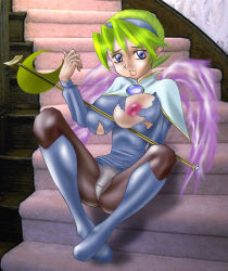 Rule 34 | 1girl, blonde hair, blue eyes, boots, breasts, breath of fire, breath of fire iv, huge breasts, indoors, large breasts, looking at viewer, nina (breath of fire), nina (breath of fire iv), nipples, one breast out, panties, pantyhose, peruperu, photo background, sitting, smile, solo, stairs, tagme, torn clothes, underwear