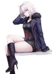 Rule 34 | 1girl, absurdres, ahoge, black dress, black footwear, blue coat, blush, boots, breasts, coat, commentary request, dress, fate/grand order, fate (series), fur-trimmed coat, fur-trimmed sleeves, fur trim, hair between eyes, high heels, highres, invisible chair, jeanne d&#039;arc alter (fate), jeanne d&#039;arc alter (ver. shinjuku 1999) (fate), jewelry, large breasts, long sleeves, looking at viewer, necklace, open clothes, open coat, ruuto (pixiv26998067), shadow, short hair, simple background, sitting, solo, thighs, white hair, yellow eyes