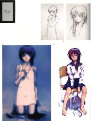 Rule 34 | 1990s (style), 1girl, abe yoshitoshi, absurdres, artbook, bare shoulders, barefoot, chair, cutting, cutting hair, dress, hair in own mouth, highres, iwakura lain, kneeling, monochrome, official art, one eye closed, partially colored, scan, school uniform, scissors, serafuku, serial experiments lain, short hair, shorts, sitting, sketch, skirt, traditional media, wink