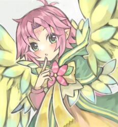 Rule 34 | 1girl, :o, antenna hair, bird wings, blush, bow, bowtie, cape, child, delaware3850, facial mark, fae (fire emblem), feathered wings, finger to mouth, fingernails, fire emblem, fire emblem: the binding blade, fire emblem heroes, flower, forehead mark, green cape, green eyes, hair intakes, hand up, highres, leaf, long sleeves, looking at viewer, multicolored wings, nintendo, official alternate costume, open mouth, pink flower, pink hair, pointy ears, short hair, simple background, solo, two-tone wings, white background, wings, yellow bow, yellow bowtie, yellow wings