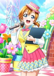 Rule 34 | 1girl, blue eyes, blush, bow, brick wall, checkered floor, clipboard, collared shirt, day, detexted, flower, flower button, flower pot, hat, hat ribbon, holding, holding clipboard, holding microphone, kosaka honoka, lace, lace-trimmed skirt, lace trim, light rays, long sleeves, love live!, love live! school idol festival, low twintails, microphone, neckerchief, official art, open mouth, orange hair, outdoors, plant, pleated skirt, polka dot, polka dot headwear, potted plant, ribbon, shirt, short hair, skirt, sky, smile, solo, sparkle, sunlight, third-party edit, tilted headwear, twintails