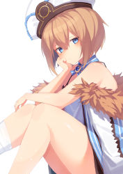 Rule 34 | 1girl, absurdres, ankle ribbon, arm on knee, bare legs, bare shoulders, blanc (neptunia), blue eyes, blush, brown hair, buran buta, coat, dress, expressionless, from side, fur-trimmed coat, fur trim, hair between eyes, hand on own cheek, hand on own face, hat, highres, knees together feet apart, knees up, leg ribbon, looking at viewer, looking to the side, neptune (series), ribbon, short hair, simple background, sitting, solo, spaghetti strap, thighs, white background, white coat, white dress, white hat, white ribbon