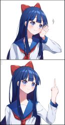 Rule 34 | 1girl, absurdres, blue eyes, blue hair, bonim, bow, comic, hair bow, hand up, highres, long hair, looking at viewer, middle finger, pipimi, poptepipic, red bow, red neckwear, school uniform, simple background, smile, solo, very long hair, white background