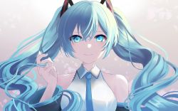 Rule 34 | 1girl, absurdres, black sleeves, blue eyes, blue hair, blue nails, blue necktie, closed mouth, collared shirt, detached sleeves, floating hair, hair between eyes, hatsune miku, highres, holding, holding own hair, inamori (inari00000), long hair, long sleeves, looking at viewer, nail polish, necktie, shirt, sleeveless, sleeveless shirt, smile, solo, upper body, very long hair, vocaloid, white shirt, wing collar